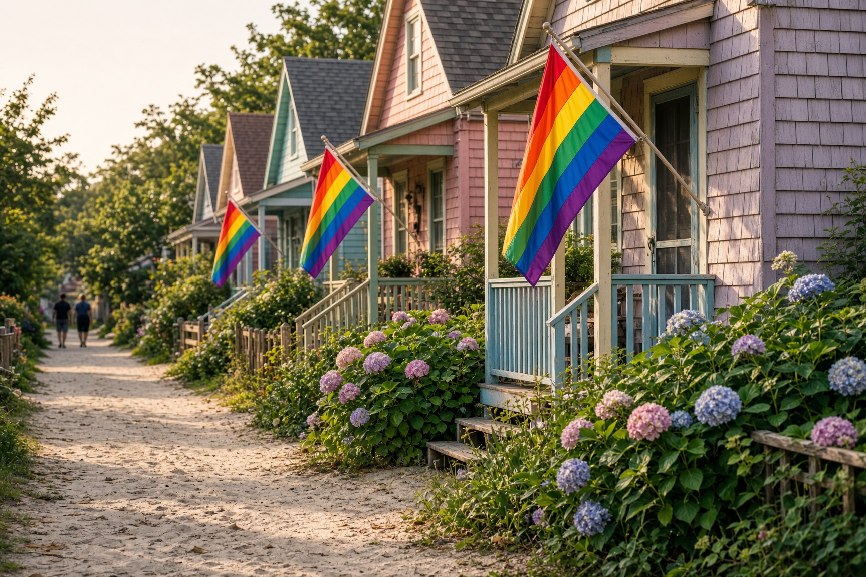 Cherry Grove cottages with pride flags on Fire Island