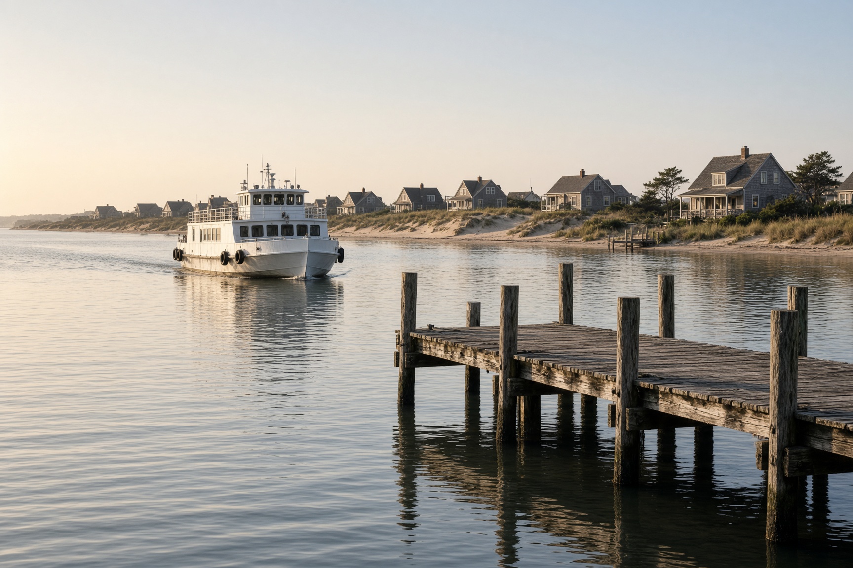 Passenger ferry approaching a Fire Island dock