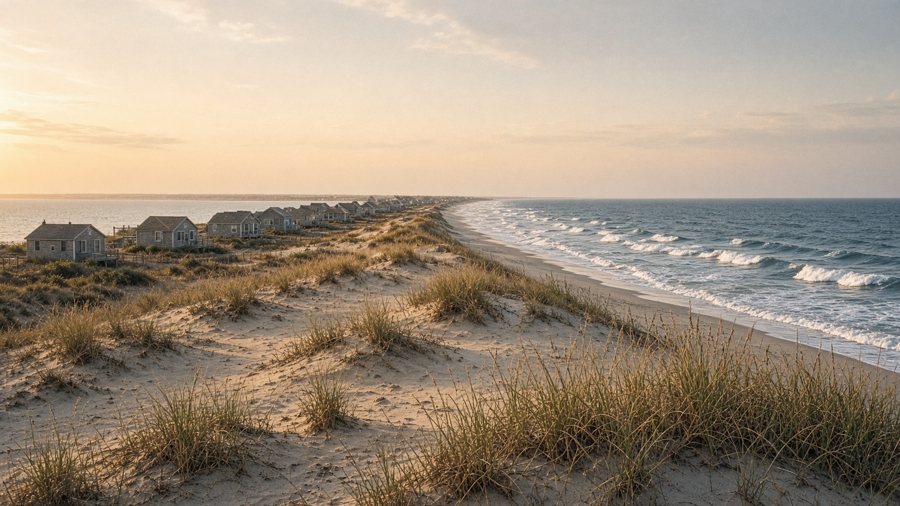 Fire Island barrier strip at late afternoon, dunes and cottages between bay and ocean