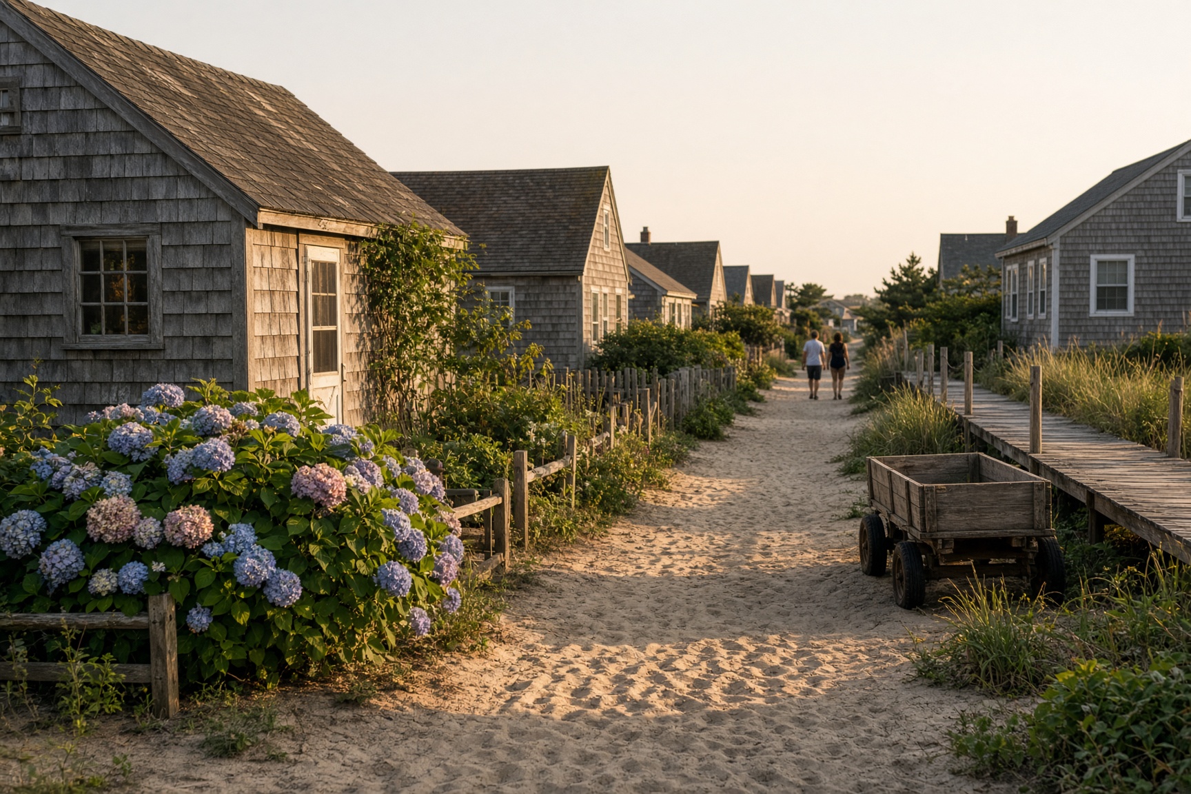 Clustered cottages along an Ocean Beach walk